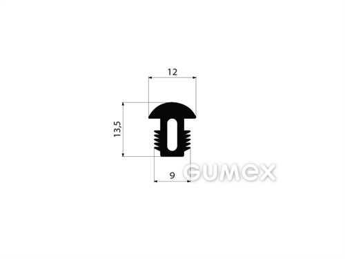 Gumový profil tvaru "T" s dutinkou, 13,5x12/9mm, 70°ShA, EPDM, -40°C/+100°C, čierny